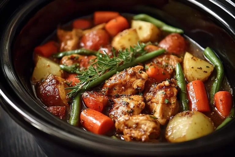 A close-up of a slow cooker creamy garlic chicken and veggies with potatoes, carrots, and a sprig of rosemary.