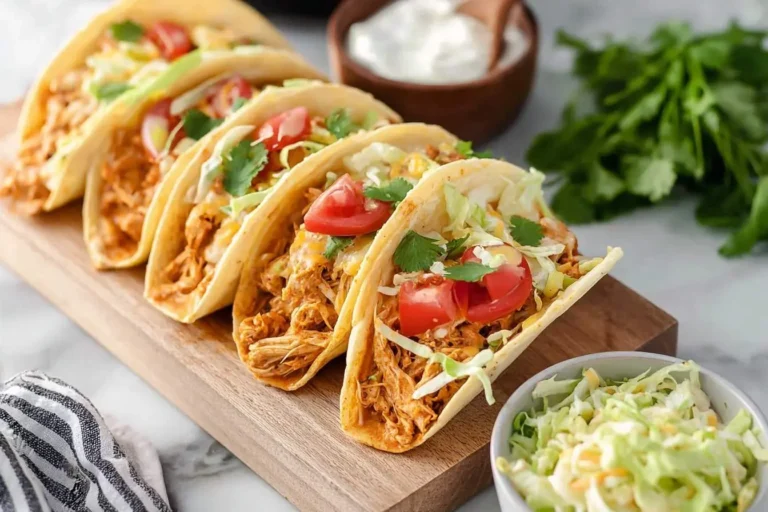 A row of vibrant Slow Cooker Queso Chicken Tacos with shredded chicken, lettuce, tomatoes, and cheese on a wooden board, with sides.
