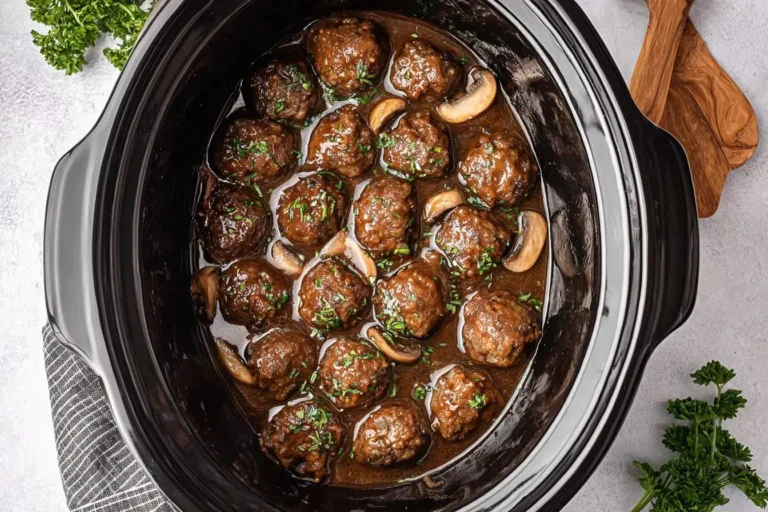 Hearty Slow Cooker Salisbury Steak meatballs simmering in a rich brown gravy with mushrooms and fresh parsley.