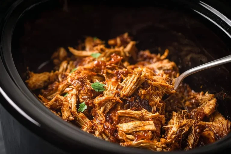 A fork lifts a serving of saucy Slow Cooker Tropical Pulled Chicken from a black crock pot, garnished with fresh herbs.