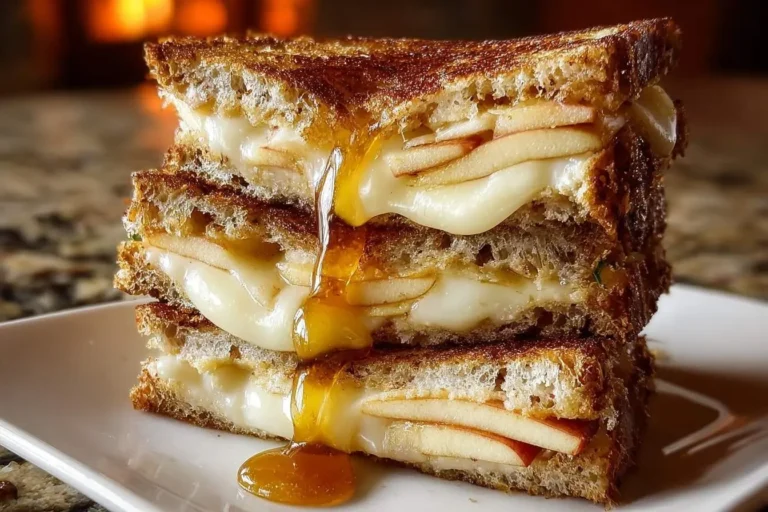 A stack of three golden brown Smoked Gouda Apple Grilled Cheese sandwiches with melted cheese, apple slices, and honey drizzle.