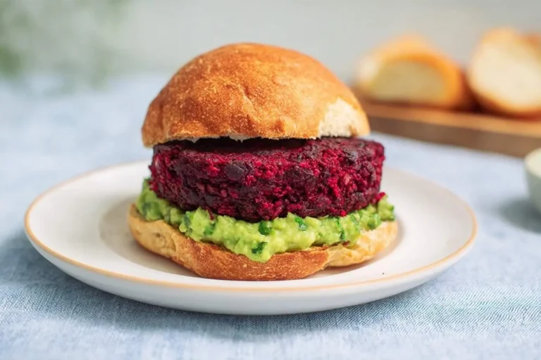 A vibrant Smoky Black Bean-Beet Burger with creamy guacamole on a toasted bun, presented on a white plate.
