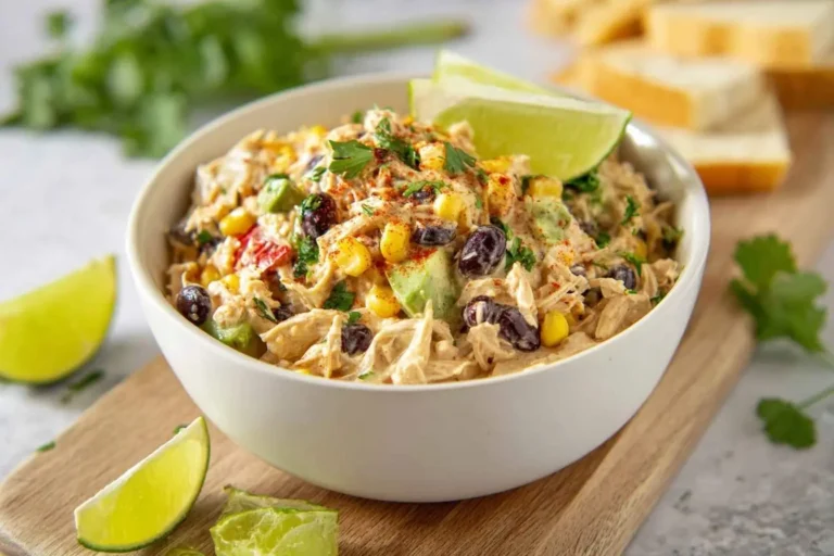 A vibrant bowl of creamy southwest chicken salad garnished with fresh lime wedges, corn, black beans, avocado, and cilantro on a wooden board.