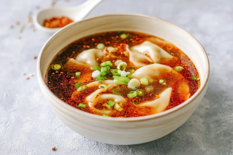 A close-up of a steaming bowl of spicy dumpling soup garnished with chopped green onions and visible chili oil, with a spoon of chili flakes in the background.