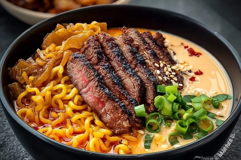 A vibrant bowl of Spicy Korean Ramen with Grilled Beef & Creamy Sauce, topped with green onions, sesame seeds, and chili flakes.