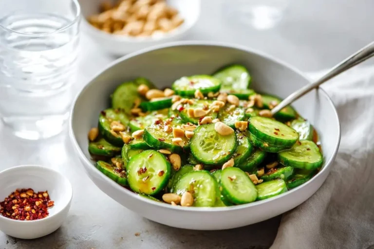 A vibrant bowl of Spicy Peanut Cucumber Salad with sliced cucumbers, peanuts, and red chili flakes, alongside a glass of water.