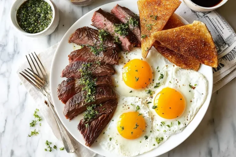 A satisfying steak and eggs breakfast with sliced steak, three sunny-side-up eggs, toasted bread, and a green herb sauce.