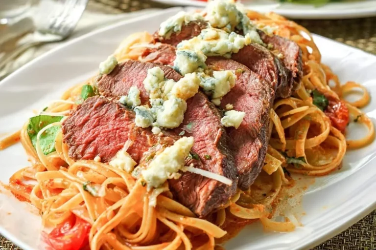 Sliced medium-rare steak with blue cheese crumbles over linguine pasta, cherry tomatoes, and herbs, representing a gourmet Steakhouse Pasta.