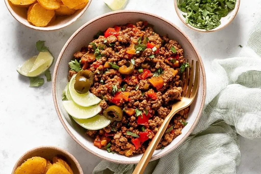 A ceramic bowl of savory Stovetop Picadillo, garnished with sliced jalapeños, fresh lime wedges, and cilantro.