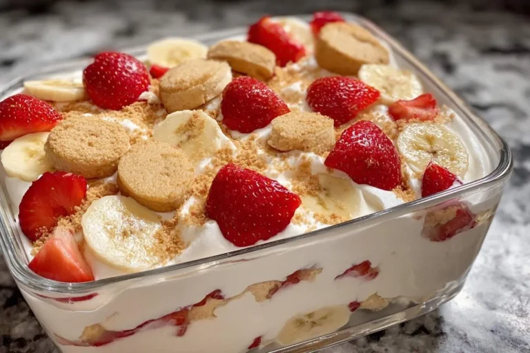 A clear glass dish filled with delicious Strawberry Banana Pudding, topped with fresh strawberries, banana slices, and vanilla wafers.