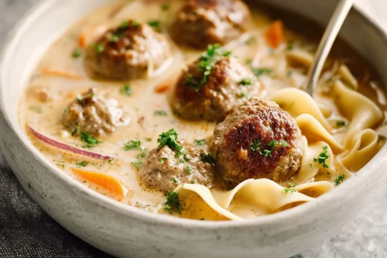 A close-up of a rustic bowl filled with creamy Swedish meatball soup, featuring tender meatballs, egg noodles, and parsley.