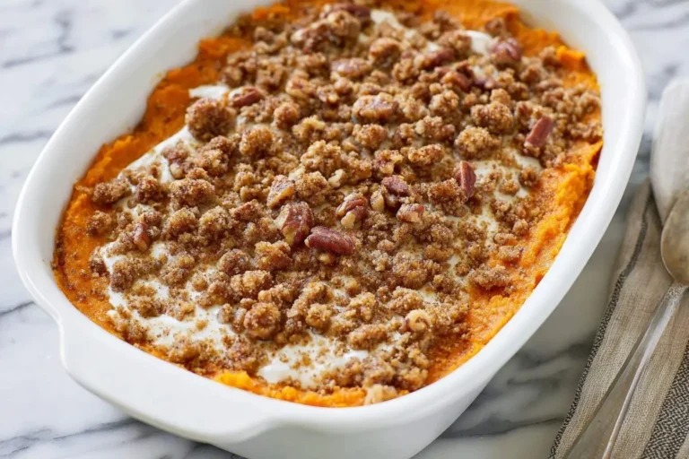 A delicious sweet potato casserole in a white dish, topped with a creamy layer, pecan streusel, and baked to perfection.