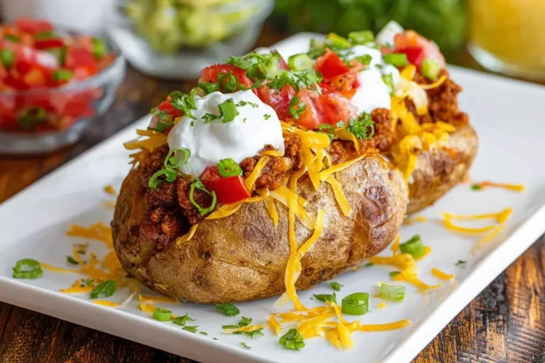 Two savory taco potatoes loaded with seasoned ground beef, melted cheese, sour cream, diced tomatoes, and fresh green onions on a white plate.