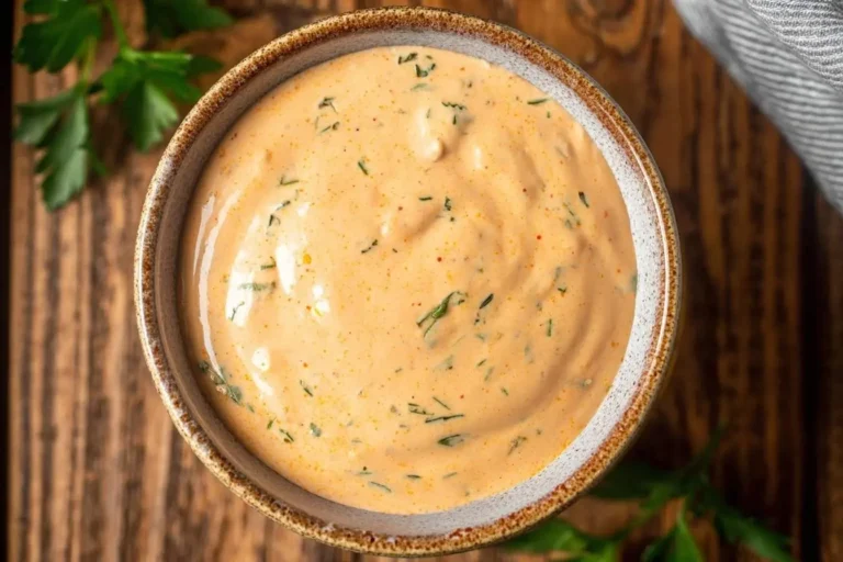 Overhead shot of a rustic bowl filled with creamy, orange-hued Tangy New Orleans Remoulade sauce, garnished with green herbs.