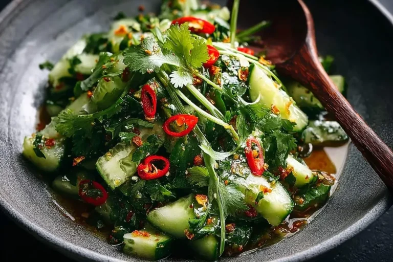 A close-up of a vibrant and spicy Tiger Salad with fresh cucumber, cilantro, and red chili in a dark, textured bowl.
