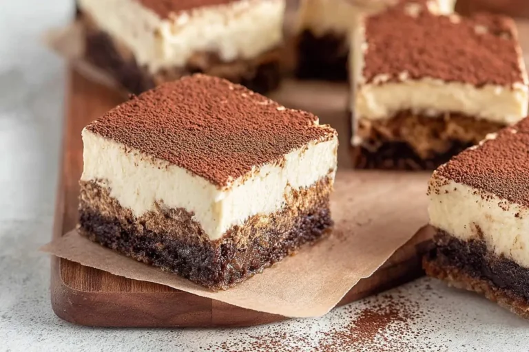 Close-up of several homemade Tiramisu Brownies with a creamy top layer and dusting of cocoa powder on a wooden board.