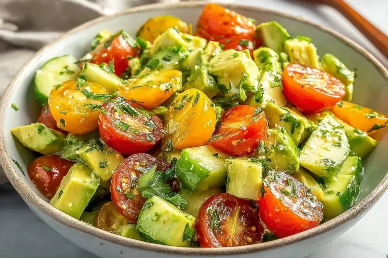 A close-up of a fresh Tomato Cucumber Avocado Salad with herbs in a light-colored bowl, ready to be served.