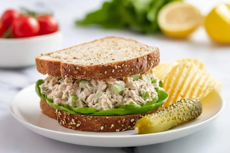 A fresh tuna salad sandwich on whole wheat bread with lettuce, served with crinkle chips and a pickle spear.