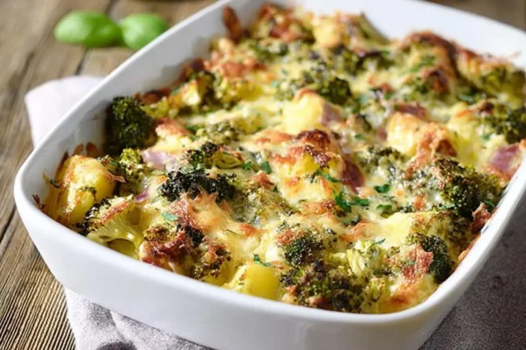 A freshly baked Turkey Broccoli Casserole in a white dish, topped with melted, golden-brown cheese and fresh herbs.