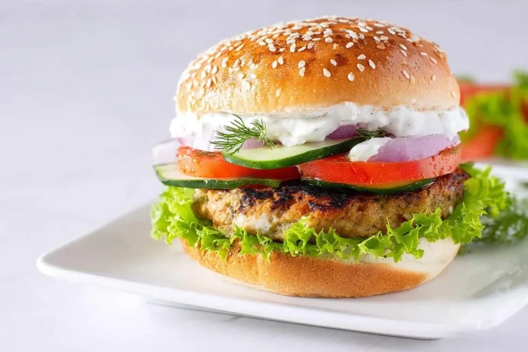 A delicious grilled Turkey Burger on a sesame seed bun with fresh lettuce, cucumber, tomato, red onion, and a creamy sauce.