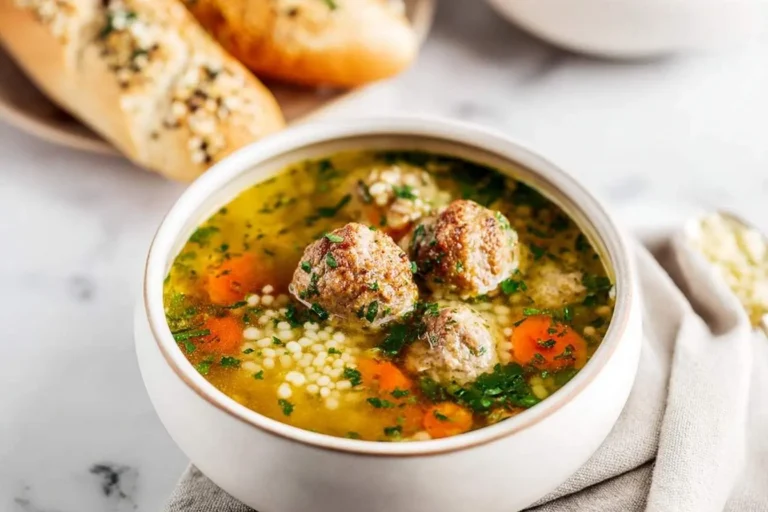 A white bowl filled with turkey meatball soup with carrots, pasta, and fresh herbs, served with bread.