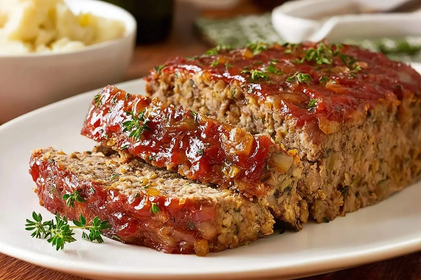 Sliced Turkey Stuffing Meatloaf with a rich tomato glaze and fresh thyme, served on a white plate with mashed potatoes in the background.