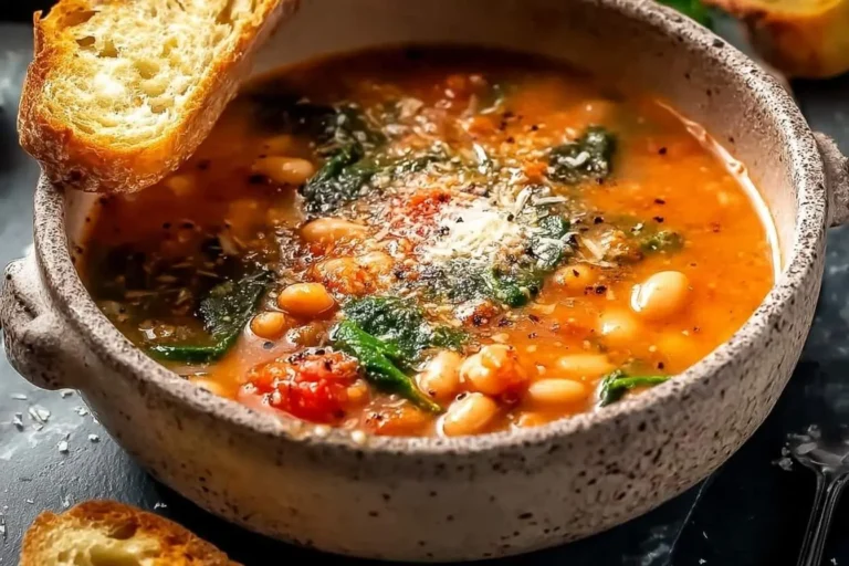 A rustic bowl of hearty Tuscan Parmesan soup with white beans, spinach, tomatoes, grated cheese, and pepper, served with crusty bread.