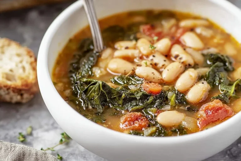A close-up of a warm bowl of tuscan white bean soup with kale, tomatoes, and a spoon, served with toasted bread.