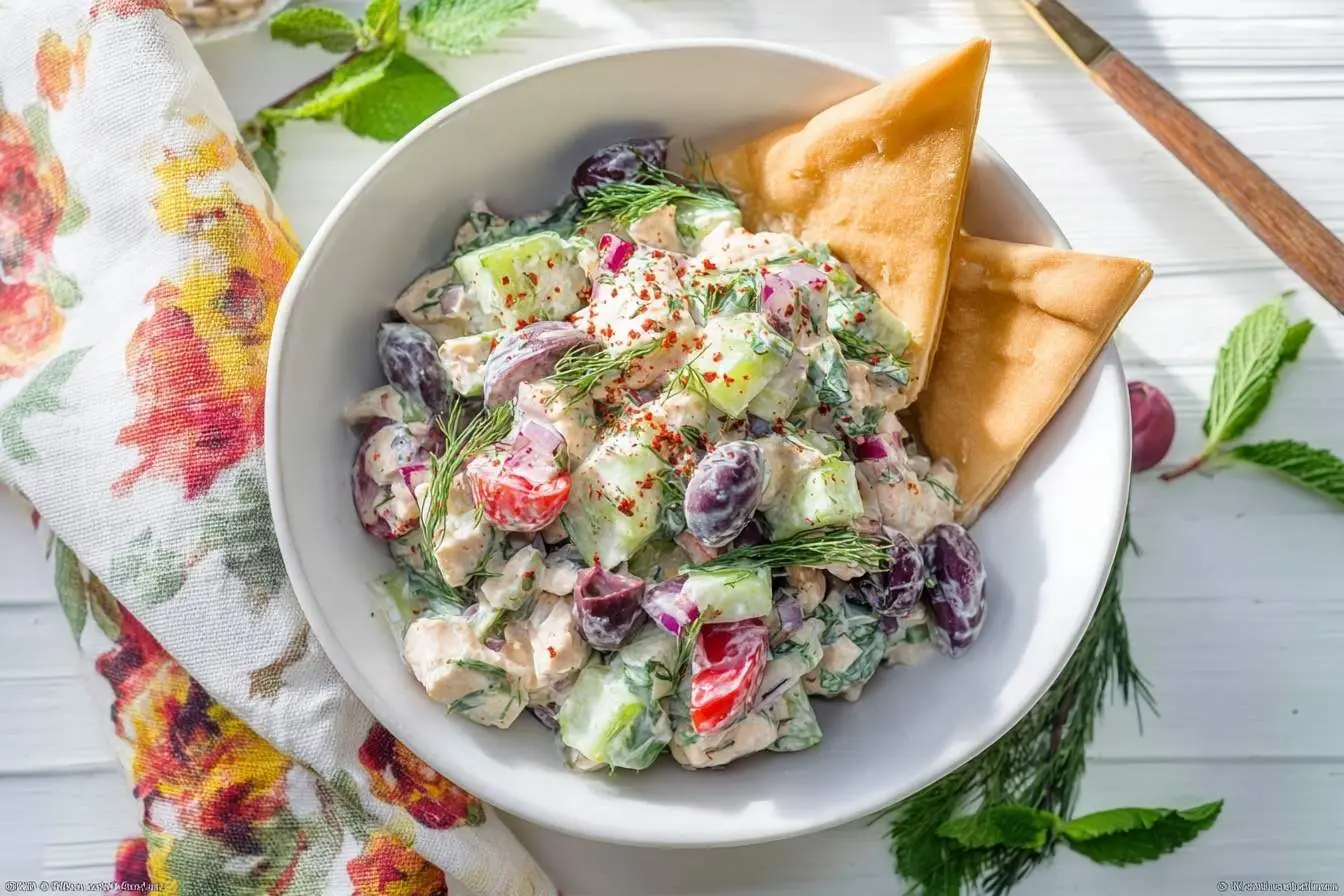 A white bowl filled with refreshing tzatziki chicken salad, garnished with fresh dill and red pepper flakes, served with pita triangles and a floral napkin.