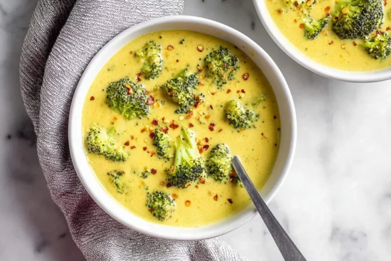 Overhead shot of a white bowl filled with creamy yellow Vegan Cream of Broccoli Soup, garnished with green florets and red pepper flakes, alongside a grey napkin.