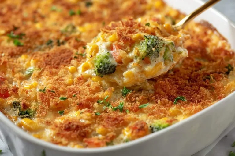 A close-up of a golden-baked Vegetable Casserole with a spoonful being lifted from a white dish, showing the creamy interior.