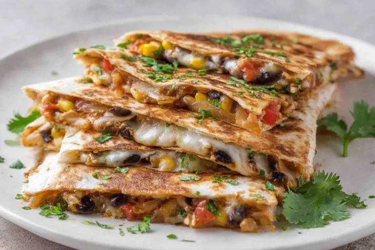 A stack of cheesy Vegetarian Quesadillas filled with black beans, corn, and peppers, garnished with fresh cilantro on a white plate.