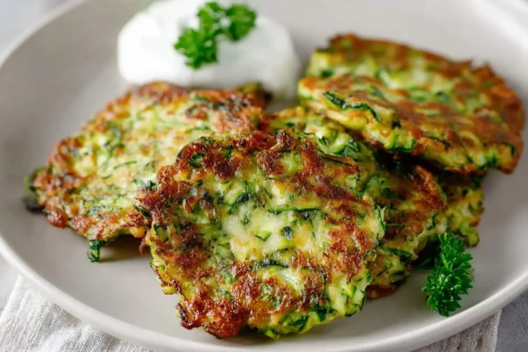 A plate of golden-brown Zucchini Fritters garnished with fresh parsley, served alongside a dollop of creamy white sauce.
