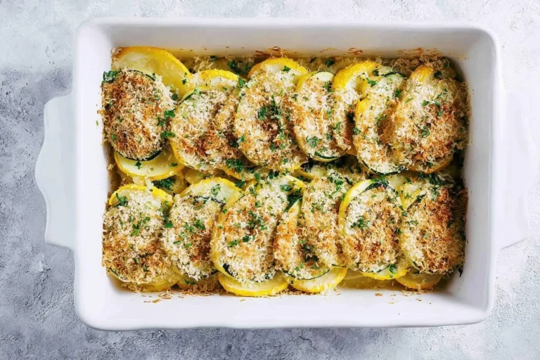 A white baking dish filled with a baked Zucchini or Yellow Squash Casserole topped with golden breadcrumbs and fresh herbs.