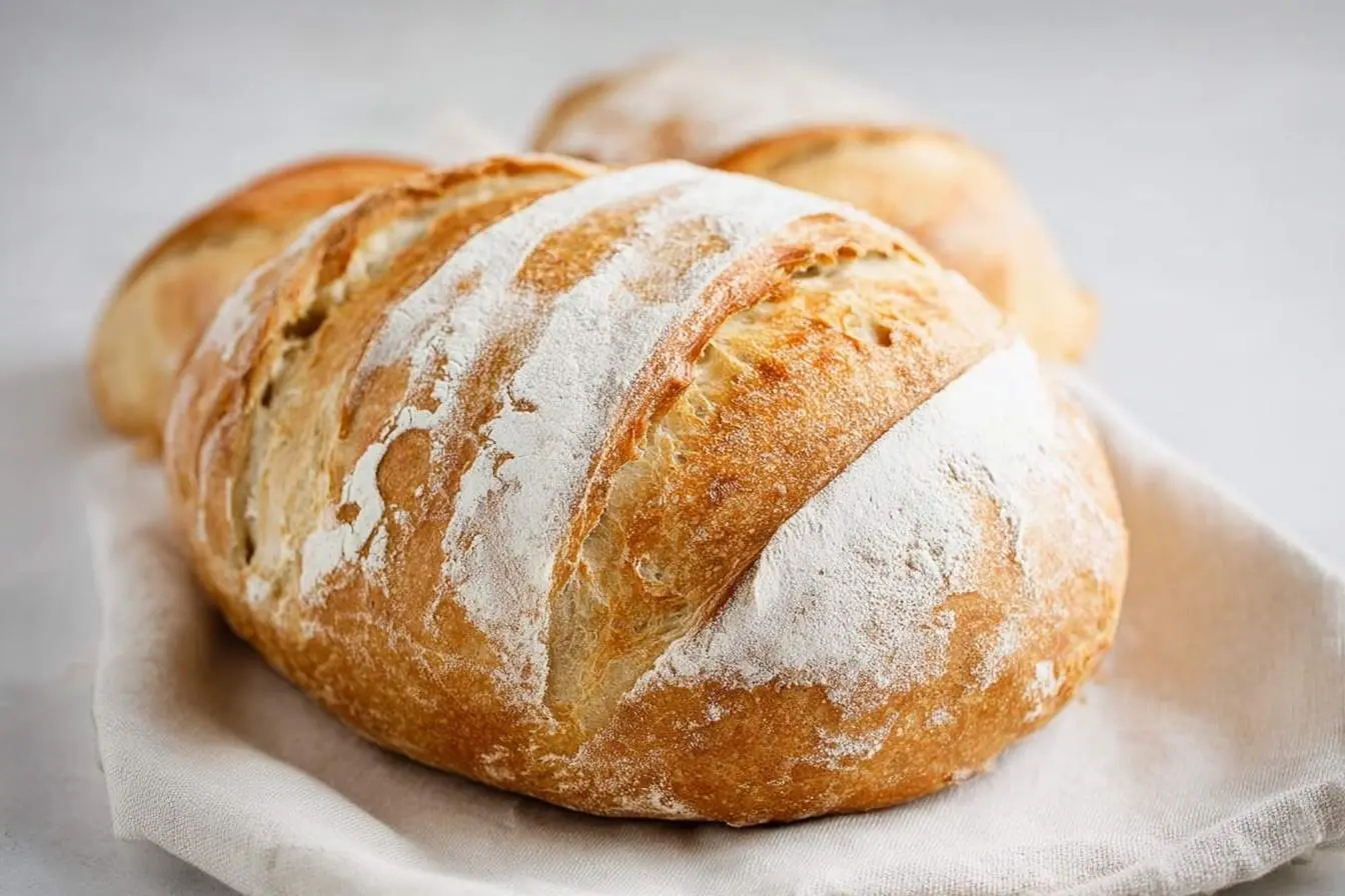 Freshly baked 3 Ingredient Artisan Bread with a golden, scored crust, dusted with flour, sitting on a white cloth.