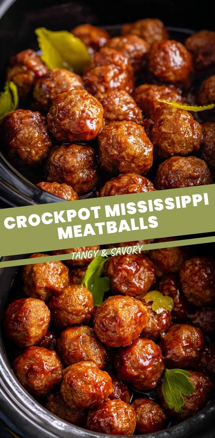 A rustic bowl brimming with juicy Crockpot Mississippi Meatballs, coated in a glistening, savory sauce, with a hint of pepper in the background.