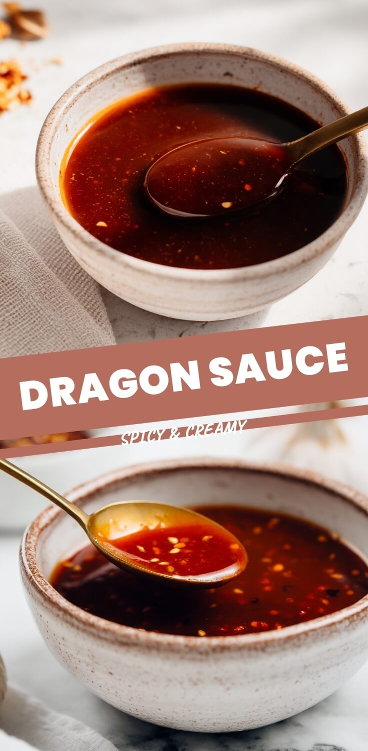 A golden spoon dips into a rustic ceramic bowl filled with vibrant red Dragon Sauce, with garlic cloves on a textured white surface.
