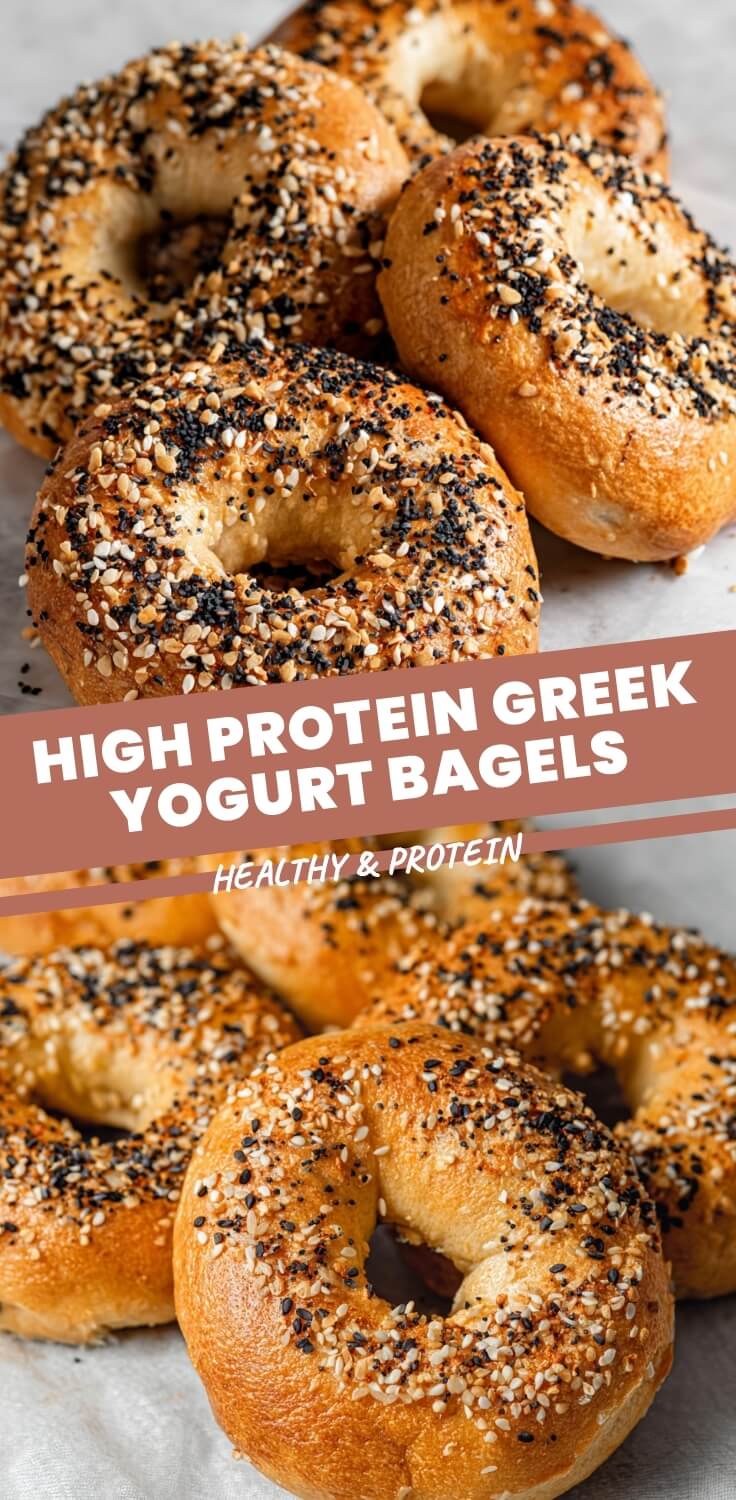 High Protein Greek Yogurt Bagels 1 Enjoy a close-up of delicious High Protein Greek Yogurt Bagels, beautifully golden-brown and generously sprinkled with savory everything bagel seasoning. Perfect for a healthy breakfast or snack, these homemade bagels offer a nutritious twist on a classic favorite.