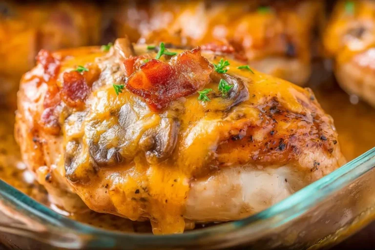 Close-up of a golden-brown Alice Springs Chicken breast topped with melted cheese, sautéed mushrooms, and crispy bacon in a glass dish.