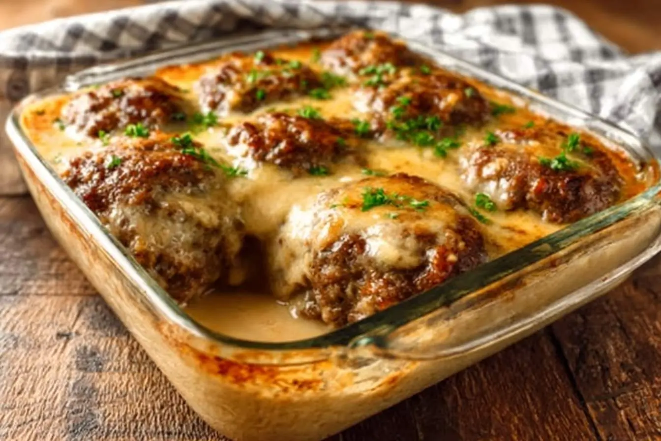 An Amish Hamburger Steak Bake in a glass dish, showing browned meat patties in a creamy, cheesy sauce with parsley on a wooden table.