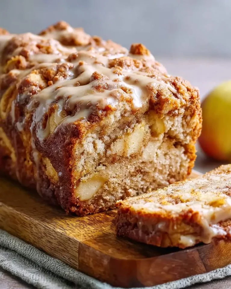 A freshly baked, glazed Apple Fritter Bread loaf with a visible slice showing apple chunks and cinnamon swirl, on a wooden board.