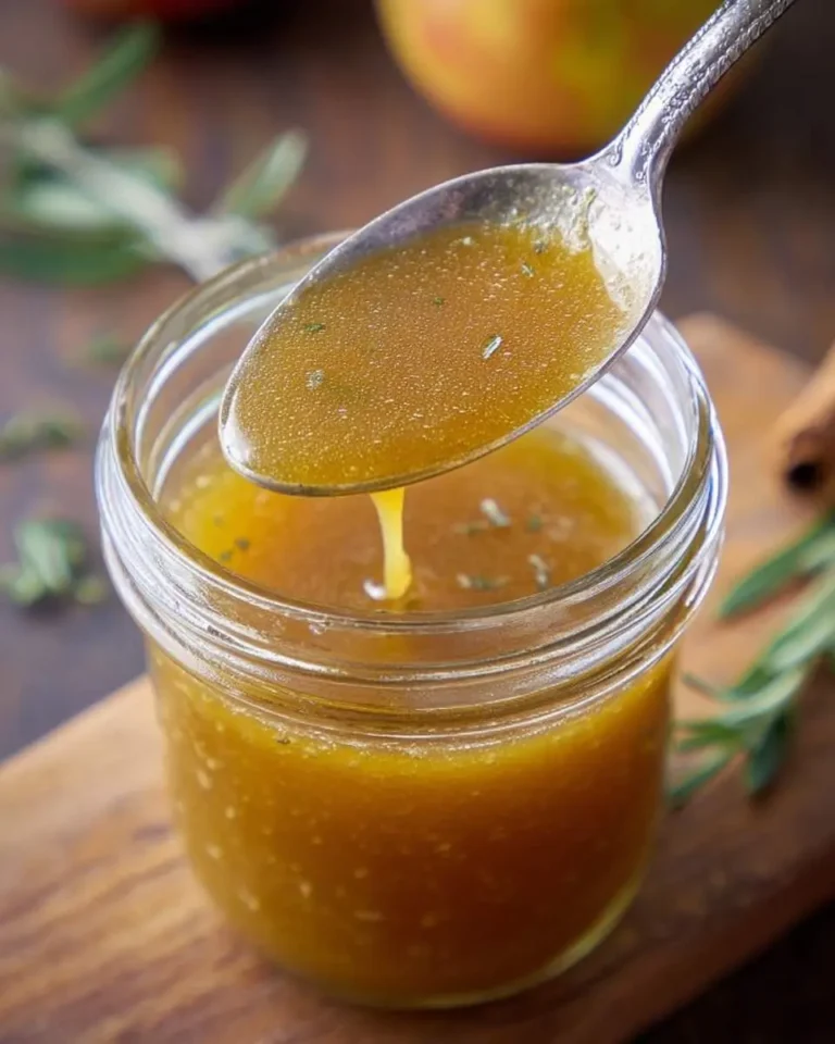 A spoonful of golden Apple Vinaigrette drizzling back into a mason jar, garnished with fresh herbs, on a rustic wooden board.