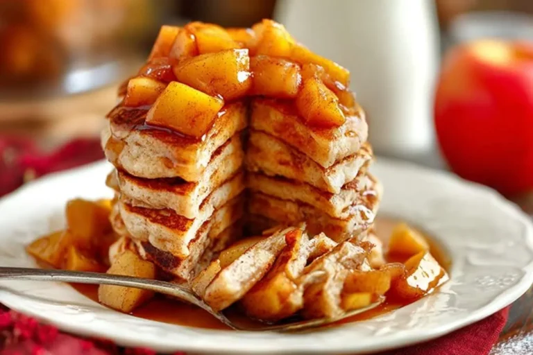A delicious stack of fluffy Apple Yogurt Pancakes topped with warm cinnamon apples and syrup, with a fork taking a bite.