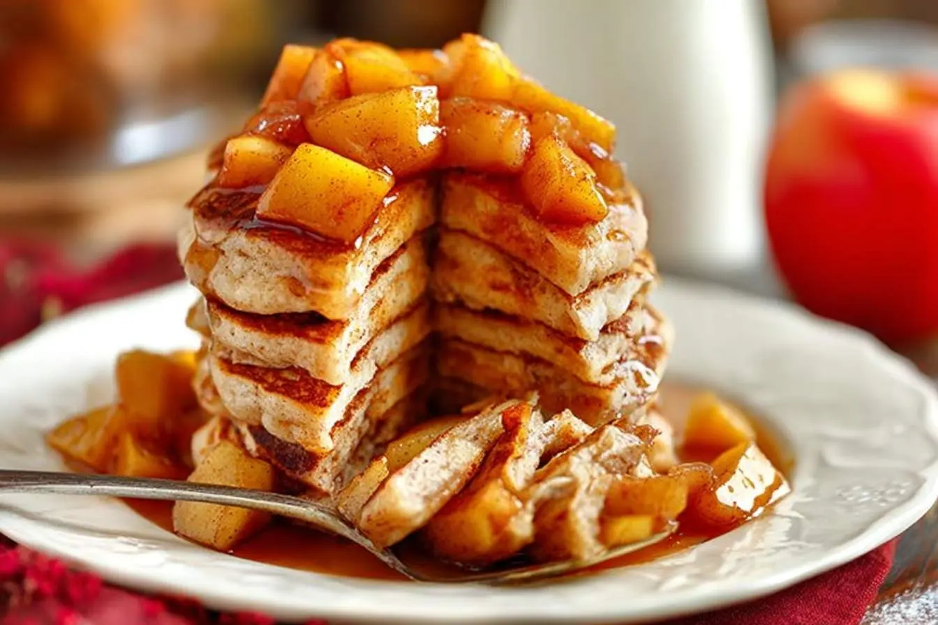A delicious stack of fluffy Apple Yogurt Pancakes topped with warm cinnamon apples and syrup, with a fork taking a bite.
