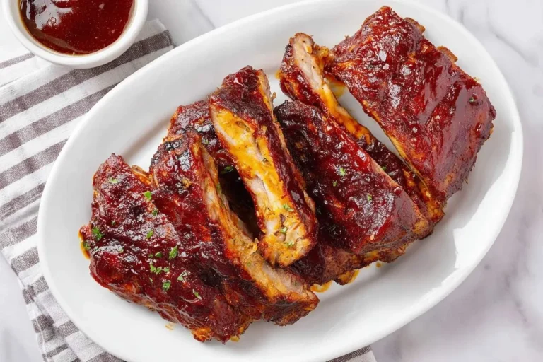 Succulent Baby Back Ribs coated in a rich, dark barbecue sauce, served on a white oval platter with a side of extra sauce and a striped napkin.