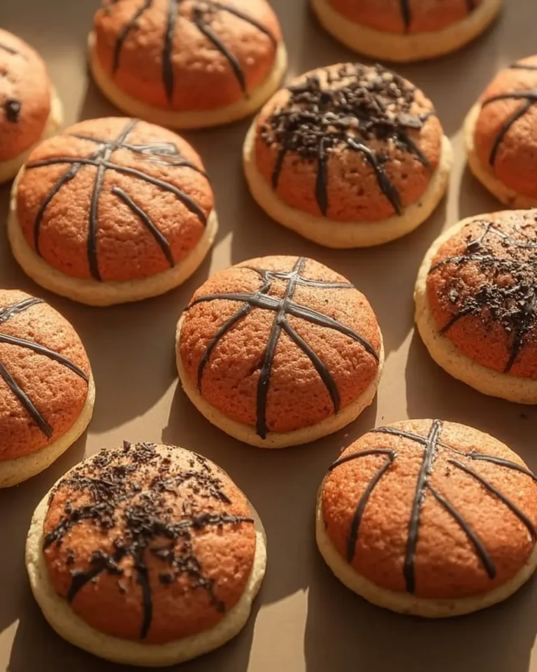 A tray of freshly baked basketball cookies, some decorated with black icing to resemble basketballs, others with chocolate sprinkles.