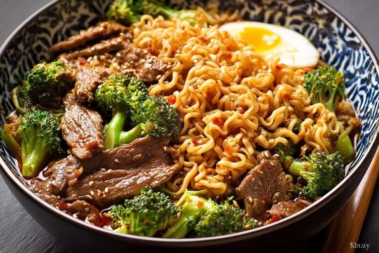 A close-up shows a vibrant bowl of Beef and Broccoli Ramen topped with a soft-boiled egg and sesame seeds.