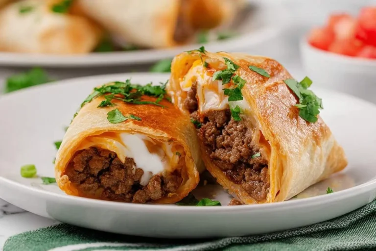 Close-up of two golden-fried Beef and Cheese Chimichangas, sliced open to reveal savory ground beef and melted cheese, garnished with fresh parsley on a white plate.