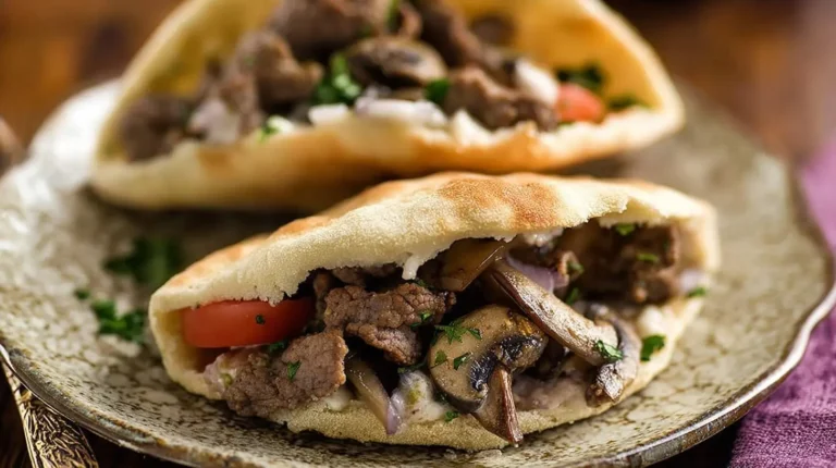 Two savory Beef and Mushroom Pita Pockets, one in sharp focus on a patterned plate, filled with sliced beef, sautéed mushrooms, red onions, and fresh parsley.