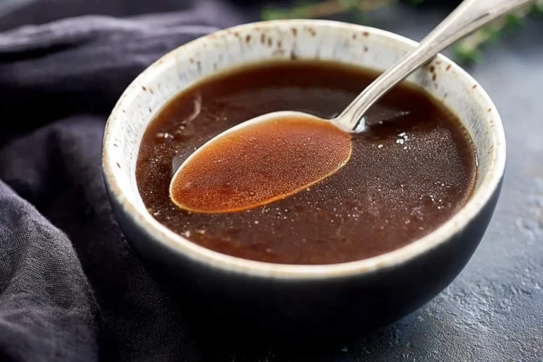A close-up of a bowl of rich, dark Beef au Jus with a spoon partially submerged.